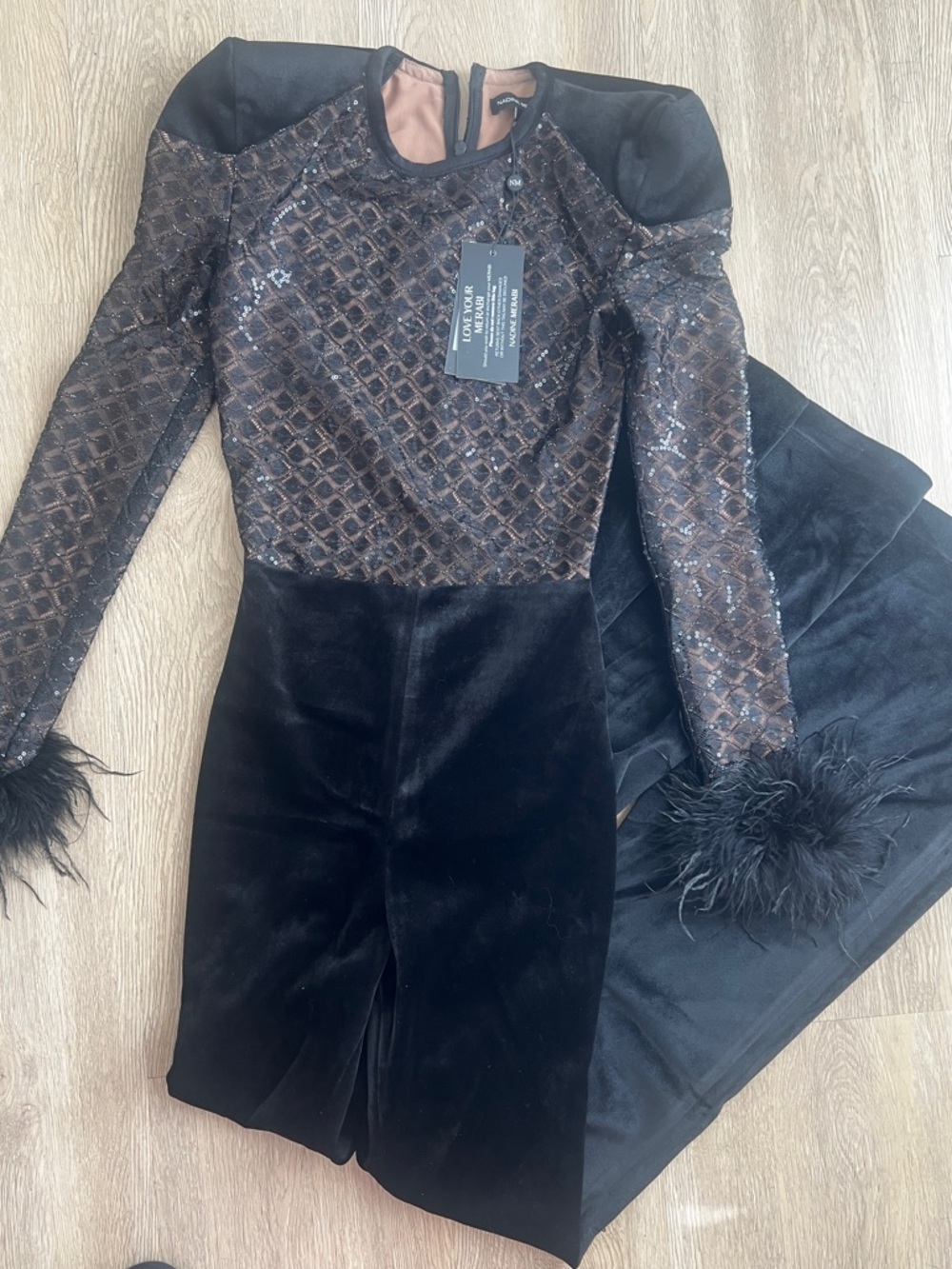 NADINE MERABI Mixed Media Black
Monique Velvet Sequin Glitter
Feather Jumpsuit S - Picture 8 of 8
